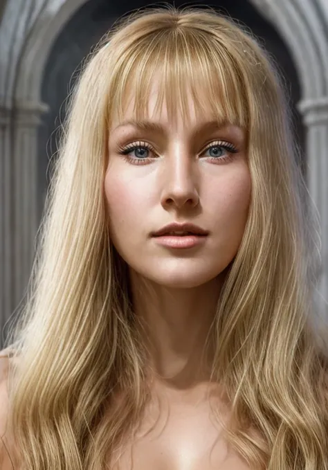 An ethereally radiant Angel Gabriel as Virginiaee323 woman, blonde hair, bangs, her divine essence transcends the earthly realm in this breathtaking portrait. The image captures her in all her celestial beauty, with golden wings unfurled and a glowing halo...