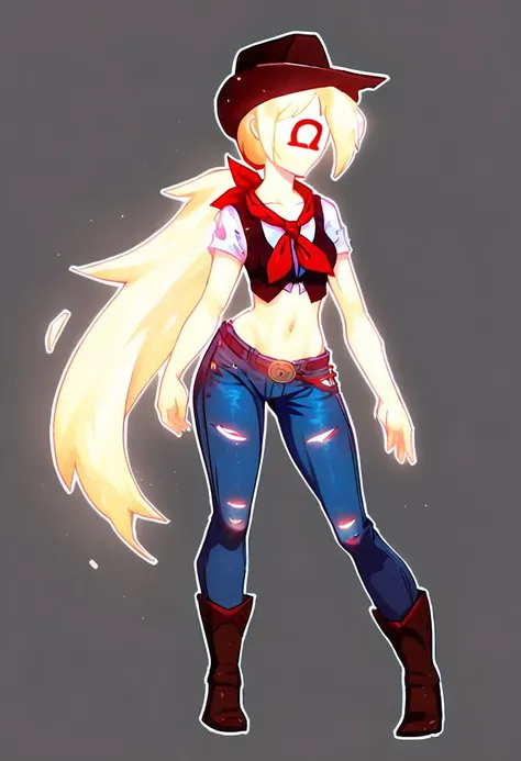 Novakin, 1girl, solo, omega symbol on face, faceless, no eyes, no mouth, no nose, no facial features, white fiery hair, long fiery hair, body made of plasma, white plasma, white skin, cowboy hat, black vest, white shirt, jeans, navel, midriff, standing, na...