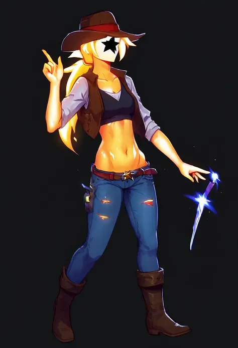 Novakin, 1girl, solo, star symbol on face, faceless, no eyes, no mouth, no nose, no facial features, orange fiery hair, long fiery hair, body made of plasma, orange plasma, orange skin, cowboy hat, black vest, white shirt, jeans, navel, midriff, standing, ...