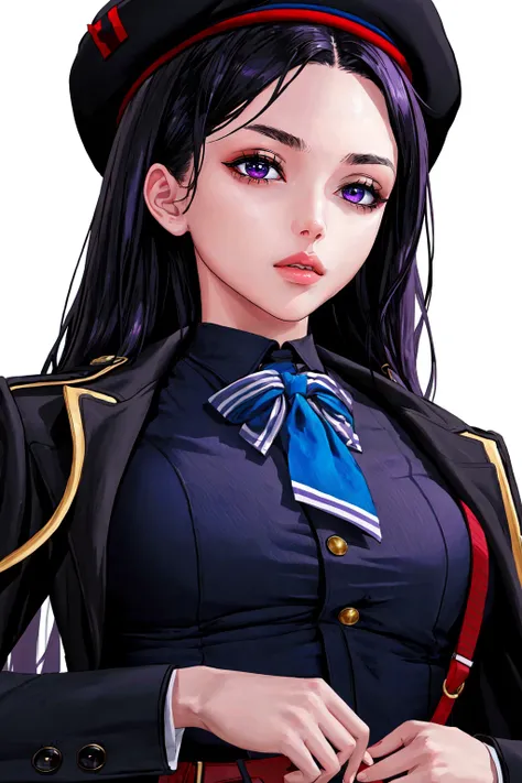 masterpiece, best quality, official art, nikkeearth_style, white background, open clothes, hat, black headwear, purple eyes, simple background, jacket, beret, looking down, parted lips, solo, blue eyes, long hair, upper body, black shirt, black hair, lips,...