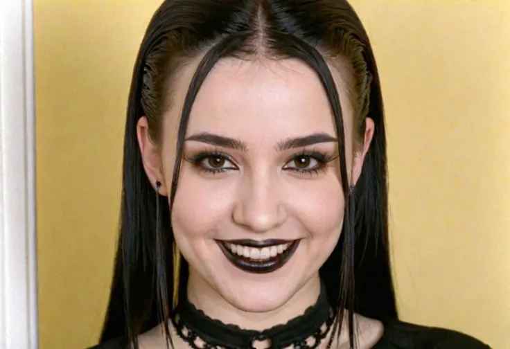 hyperrealistic photo, goth girl, detailed, fulllength poses, facelock, vhs, smile