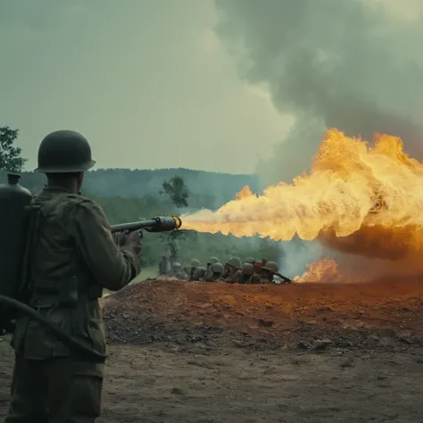 cinematic film still of  <lora:Flamethrower:0.8>
Flamethrower a group of soldiers standing around a fire weapon spraying fire at a bunker, shallow depth of field, vignette, highly detailed, high budget, bokeh, cinemascope, moody, epic, gorgeous, film grain...