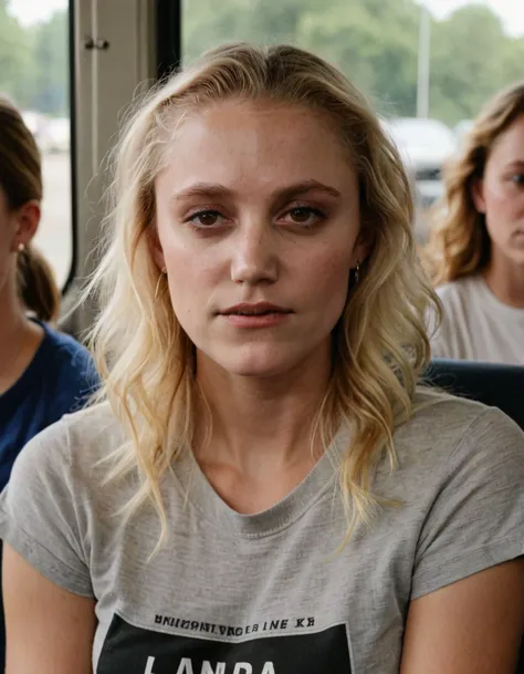 high res photo of mkamnr woman, she has blonde hair,sitting in a bus,close-up,wearing t-shirt