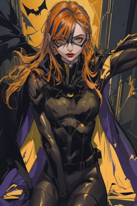 (masterpiece),best quality,1girl,upper_body,<lora:barbara-04:0.65>,batgirl,batgirl,suit,orange hair,cape,bodysuit,cape,lipstick,...