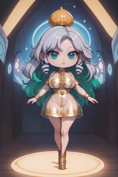 source_anime, score_9, score_8_up, score_7_up, full color chibi, 1girl, woman, Yellow Poplar tree nymph, see-through gossamer, afterglow, bombshell hair, silver hair with blue-green highlights, Tight Curls, soft body, wide hips, narrow waist, large breasts...