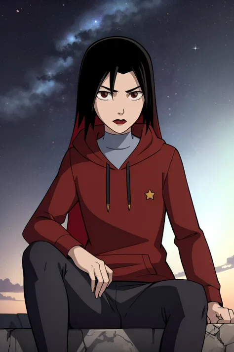 1girl,solo,looking at viewer,black hair,long hair,red hair,multicolored hair,brown eyes,red lips,blue hoodie,sitting,pants,starry sky