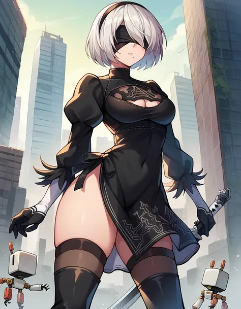 score_9, score_8_up, score_7_up, source_anime,
2b, <lora:nier-2b-ponyxl-lora-nochekaiser:1>,
2b, black blindfold, black hairband, blindfold, hairband, short hair, white hair,
black skirt, black thighhighs, boots, cleavage cutout, clothing cutout, hairband,...