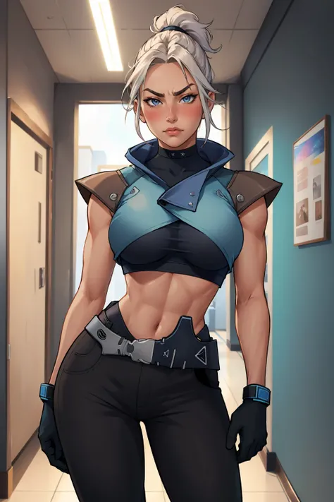 masterpiece, best quality, 1girl, <lora:valorantjett-nvwls-v1-000009:0.9> valorantJett, short ponytail, blue jacket, sleeveless, cropped jacket, underboob, belt, black pants, black gloves, hallway, upper body, blush, looking at viewer, frown