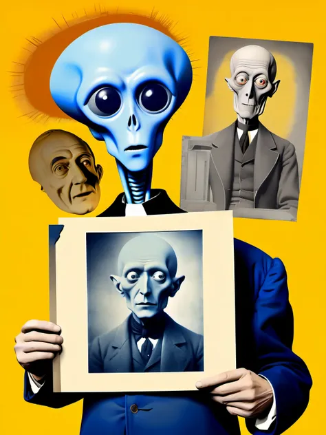 aged photo of a (victorian man) holding a (modern portrait of a gray alien), de-constructed image, assemblage, de-construction art, exploded view, geometric hand drawn background, hd-details, Dada style by Man Ray, Max Ernst, Hannah Höch  <lora:DeconDada-0...