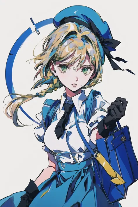 (masterpiece),best quality,(1980s (style)),1girl, gloves, long hair, blonde hair, hat, skirt, solo, short sleeves, black gloves, shirt, holding, looking at viewer, white shirt, bangs, bag, parted lips, necktie, blue skirt, puffy sleeves, green eyes, holdin...