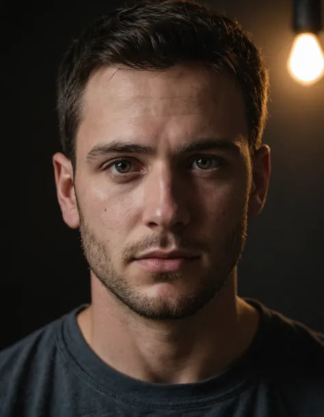 A portrait of a man, young, 30 years old, alone, with piercing eyes, detailed face, high details, photography, dark studio, rim light, Nikon D850, 50mm, f/1.4