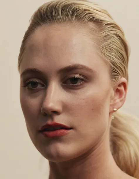 high resolution photo of mkamnr woman with blonde hair slicked back,close-up,volumetric lighting,the shot is cinematic,highly detailed skin