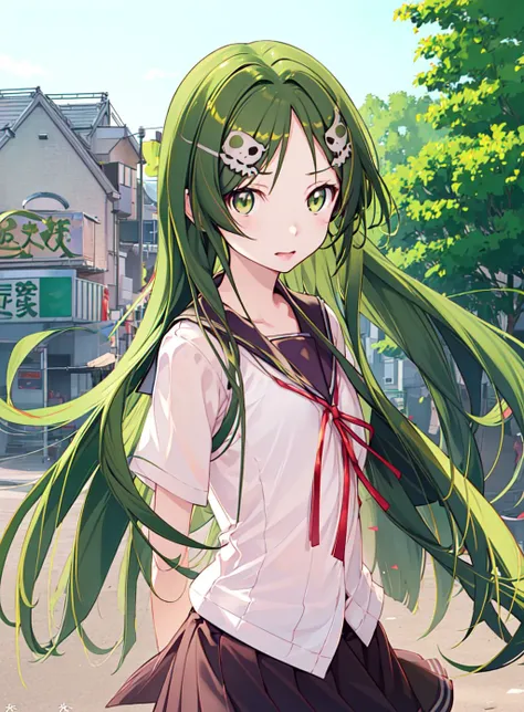 Matcha Kobayashi, 1girl, solo, long hair, green eyes, green hair, hair ornament, school uniform, skull hair ornament, face focus, upper body, arms behind back, serafuku, masterpiece, best quality, outdoors, blue sky, (colorful, vivid, sunlight, warm lighti...