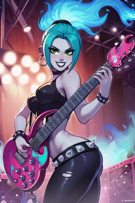 score_9, score_8_up, score_8, medium breasts,  (curvy),     (scene, concert, 1girl, solo, Standing, electric guitar),   zzEmber, ponytail, aqua hair, goth, big belt, blue fire, grey skin,  bare shoulders, cowboy shot, dark, electric guitar, ghost, goth fas...