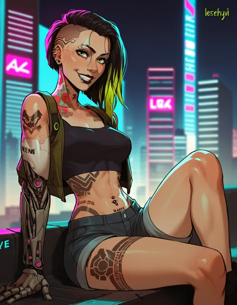 1girl, female, solo,
cyberpunk, cyborg, cybernetic implants, science fiction,
multicolored hair, looking at viewer, smile, piercings, tattoo,
sitting, dangling legs, overlooking city, cityscape, night city, neon lights, blurred background, midriff,
BREAK
s...