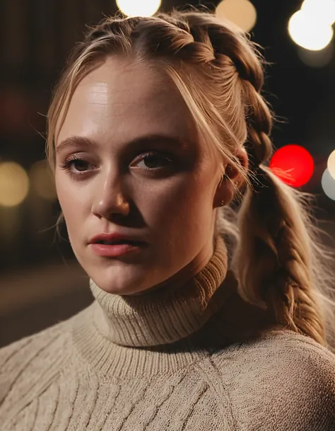 high resolution photo of mkamnr woman with long blonde hair styled in a braided ponytail,close-up,volumetric lighting,the shot is cinematic,highly detailed skin,street background,she is wearing a turtleneck sweater,make-up