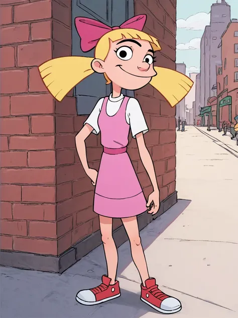 Helga, 1girl, solo, blonde hair, hair bow, pink dress, monobrow, black eyes,smile,  floating hair, twintails, style parody, white background, sneakers,city, looking at viewer,  standing <lora:HelgaPony1.0:0.7>, score_9, score_8_up, score_7_up, score_6_up <...