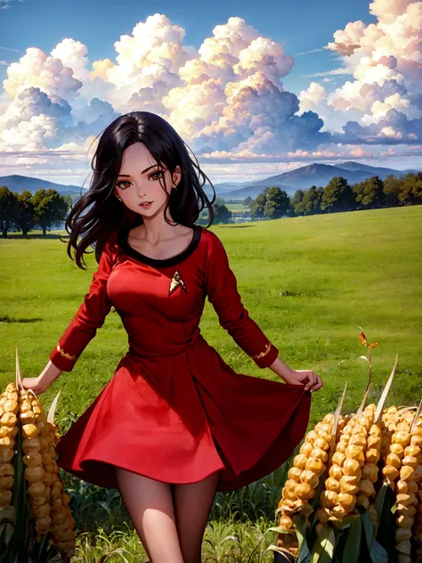 (red startrektos dress:1.3),(best quality:1.0), (ultra highres:1.0),1girl ,in a field of corn,shiny sky,clouds in shape of spaceship<lora:StartrekTosV3-000028:0.9>