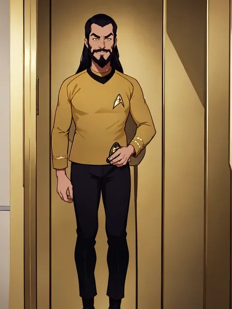 (yellow startrektos uniform:1.3),(masterpiece, best quality:1.2), 1boy, very long hair,very long beard,black pants, smirk,in an elevator <lora:StartrekTosV3-000028:0.8>