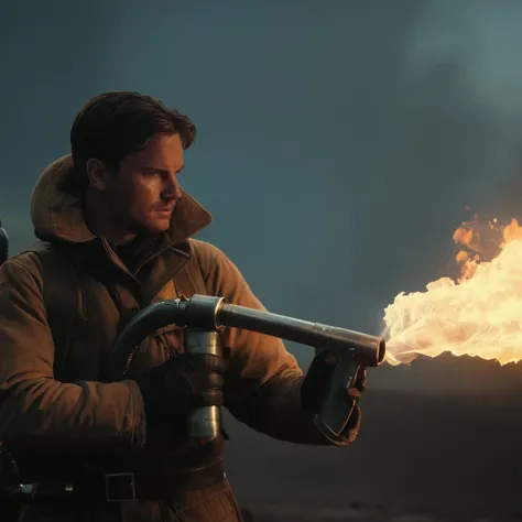 cinematic film still of  <lora:Flamethrower:1>
Flamethrower a man holding a fire hose weapon with a fire in the background,flame weapon,flame gun,fire from gun barrel,big fire,flames,solo,1boy,weapon,male focus,sword,glowing,energy sword,lightsaber , reali...