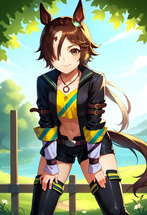 score_9, score_8_up, score_7_up, source_anime, solo, 1girl, umpdvodka, smile, looking at viewer, leaning forward, hands on own thighs, hair over one eye, ponytail, animal ears, black jacket, long sleeves, yellow shirt, black shorts, thigh boots, belt, midr...