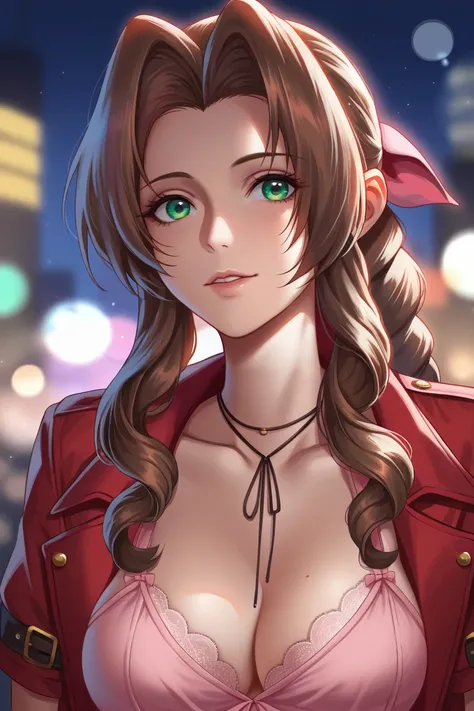 score_9, score_8_up, score_7_up, BREAK, <lora:liangxing-guy-PONYv1:1>, 1girl, solo, breasts, depth of field, lens flare, aerith gainsborough, night sky, portrait, city lights,