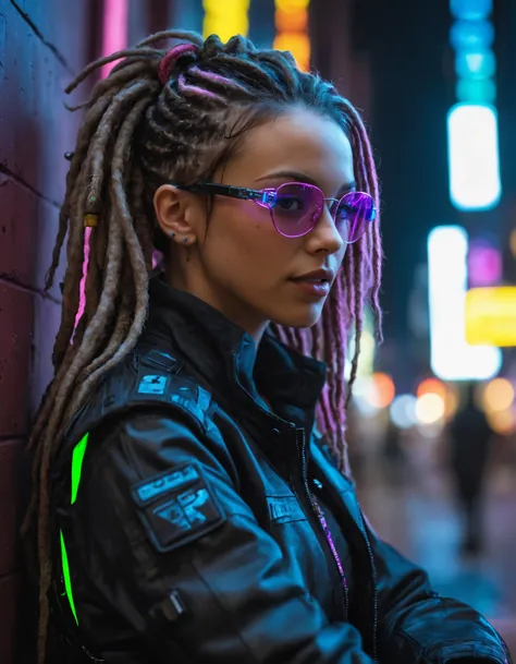 ((best quality)), ((masterpiece)), (ultra detailed), realistic lighting, focused, high contrast, detailed skin, detailed hair, detailed fabric textures, cyberpunk woman in tactical clothes, dreadlocks, hacker googles, futuristic scene, colorful, neon light...