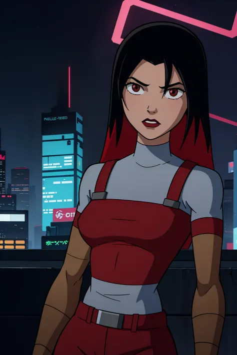 1girl,solo,looking at viewer,black hair,long hair,red hair,multicolored hair,brown eyes,red lips,cyberpunk neon outfit, at night, night city