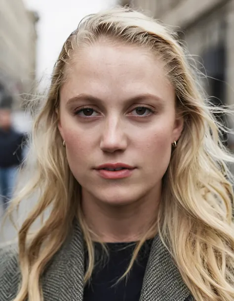 high res photo of mkamnr woman, she has blonde long hair,close-up,street background