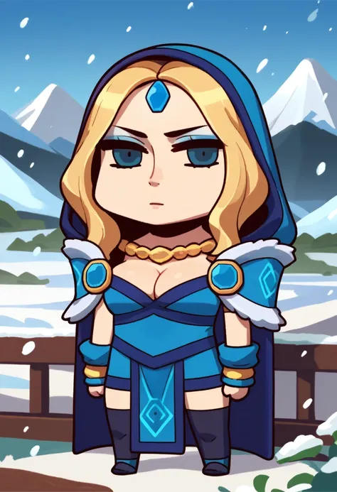 score_9, score_8_up, score_7_up, chibi, april fools, solo, 1girl, crystalmaiden, makeup, expressionless, looking at viewer, blue dress, hood, fur trim, blue cape, pelvic curtain, arm warmers, black thighhighs, jewelry, cleavage, snowing, outdoors, mountain...