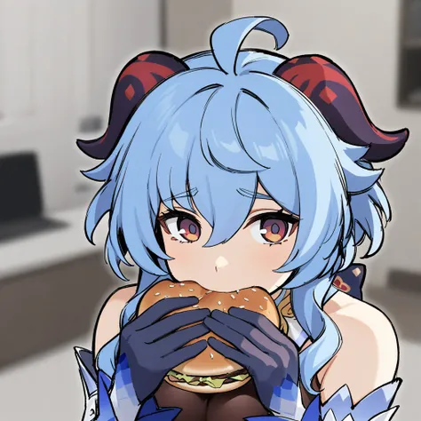 <lora:xl_jerma985_eating_a_whopper_(meme)(a3.1)-000012:1>,1girl,holding food,solo,burger,eating,blurry background,looking at viewer,upper body,ganyu (genshin impact),, masterpiece,best quality,