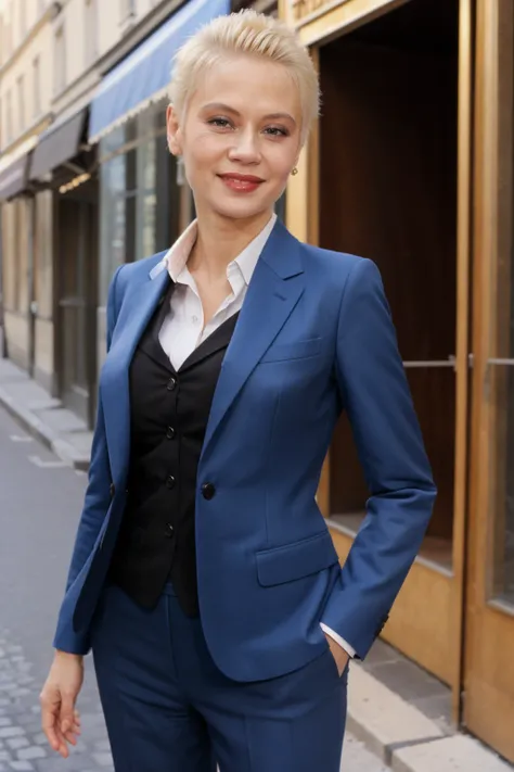 <lora:Olga Pechova_epoch_10:1> (olgapechova), wearing a sophisticated ladies suit, close shaven blonde hair, shy smile, (insanely detailed, detailed face, detailed eyes, masterpiece, best quality), full body in shot, standing on a street corner in paris