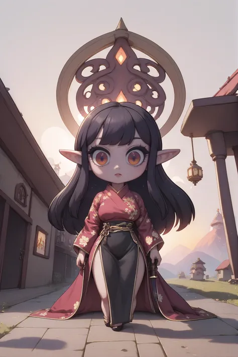 source_anime, score_9, score_8_up, score_7_up, full color, 1girl, woman, elf fantasy,Yakuza shinobi villainess, dark leather shozoku, kimono, dagger, sunset, bombshell hair, ultra color:blanchedalmond hair, Cropped Cut, slim, atheletic figure, narrow waist...