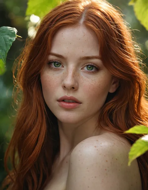 ((best quality)), ((masterpiece)), (detailed), close-up person, long red hair, freckles, full lips, green eyes, long eye lashes, (fantasy art:1.3), highly detailed face, beautiful artwork illustration, (portrait composition:1.3), low key, shallow depth of ...