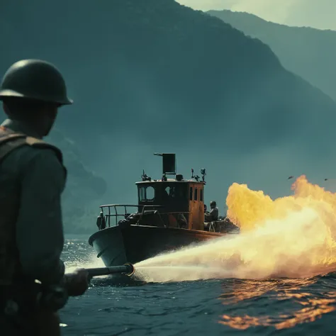 cinematic film still of  <lora:Flamethrower:0.8>
a boat with a soldier spraying fire with a weapon on the water, shallow depth of field, vignette, highly detailed, high budget, bokeh, cinemascope, moody, epic, gorgeous, film grain, grainy