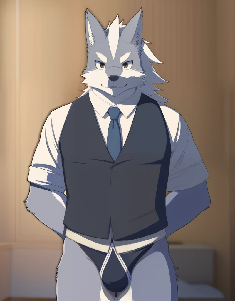 (((detailed eyes, detailed face))), (furry, sousuke <lora:character_sousuke_findigo_v1:0.8>, two-tone fur, grey fur, long hair, dog boy, snout, black eyes), male, (solo), (plump), (black vest, white shirt, black male underwear), standing, (arms behind back...