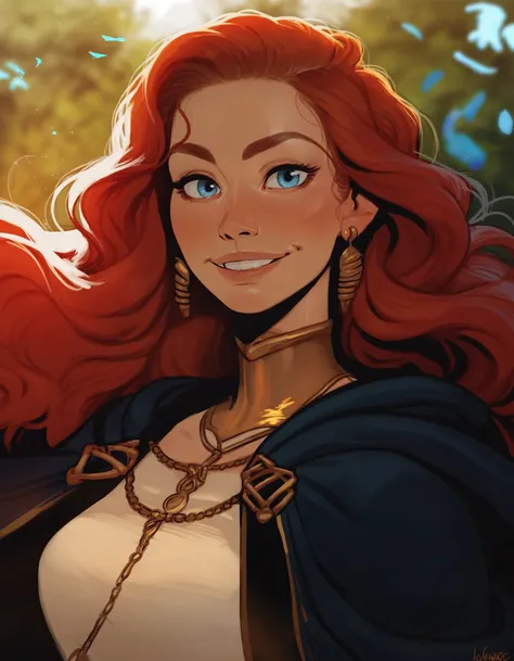 1girl, female, solo, portrait, female focus,
red hair, blue eyes, long hair, light skin, smile,
looking at viewer, outdoors,
beautiful, blue cloak, gold inlay, earrings,
BREAK
score_9, score_8_up, score_7_up, score_6_up, score_5_up, score_4_up, source_cart...