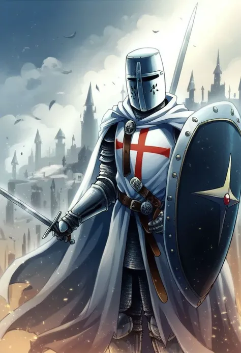 score_9, templar, knight, templar, knight, weapon, shield, sword, armor, 1boy, helmet, male focus, cape, knight, solo