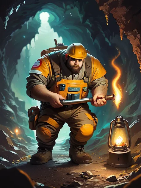 pny-safe
solo 1boy miner, a torch , beard,  constructionworker  suit, dust dirt, cave mine, darkness