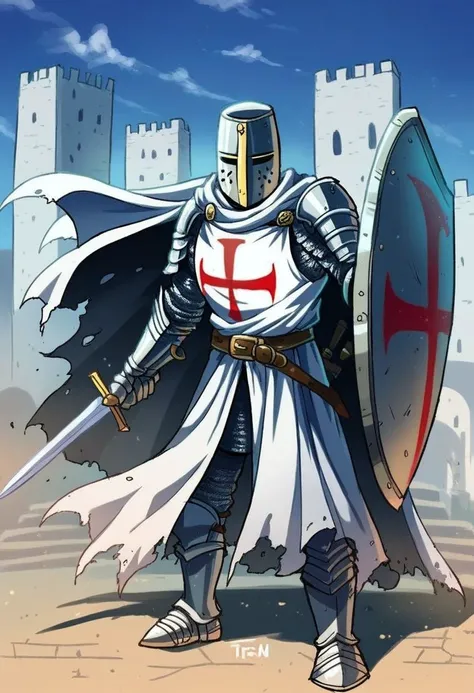 score_9, templar, knight, templar, knight, weapon, shield, sword, armor, 1boy, helmet, male focus, cape, knight, solo