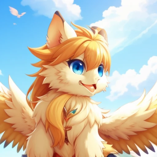 1animal, solo, flam_mana, wings, blue eyes, blonde hair, fang, sky in background, tail, fur, looking at the viewer, focus on face, close up <lora:Flammie_White_Dragon_from_Mana_video_games_series:1>