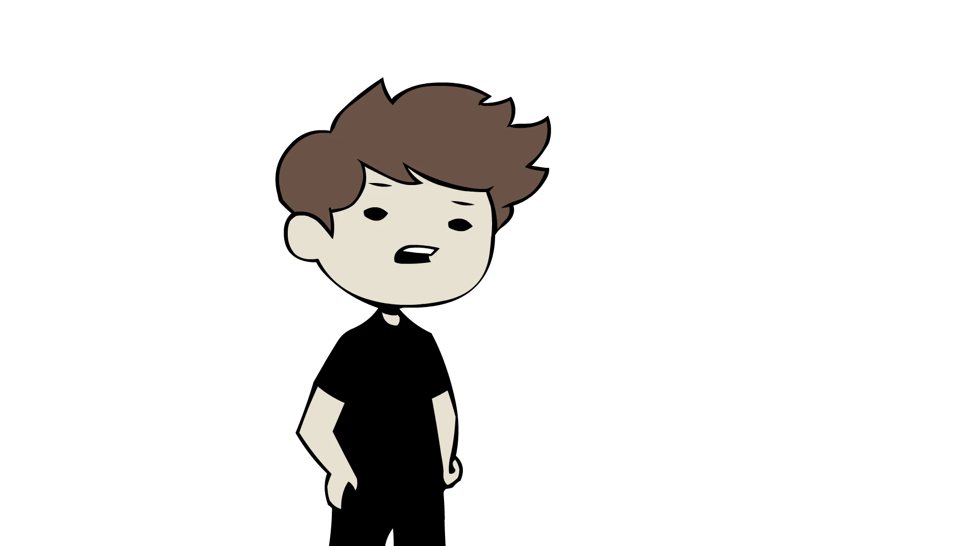 (masterpiece, best quality:1.2), extremely detailed, soft ambient lighting, sharp focus, 4K,, Brown hair, short and spiky, fair skin, wide eyes, small frown, black t-shirt, standing pose, hands down, neutral expression, cartoon boy, black outlines, front v...