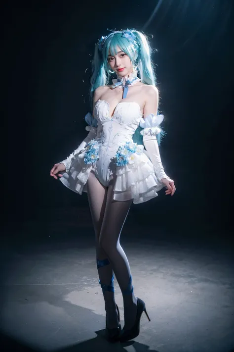 best quality, masterpiece, realistic, photorealistic, 1girl, solo, looking at viewer, smile, standing, full body, arms at side, hatsune miku cosplay costume, hatsune miku, cosplay, long hair, aqua hair, twintails, very long hair, strapless leotard, straple...