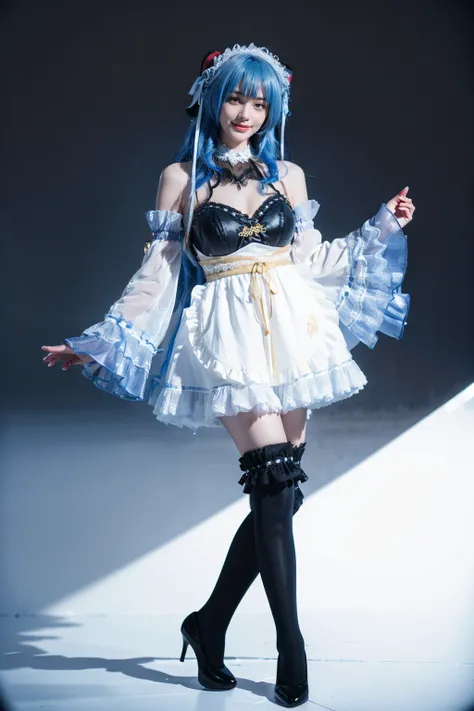 best quality, masterpiece, realistic, photorealistic, 1girl, solo, looking at viewer, smile, standing, full body, ganyu cosplay costume, ganyu, cosplay, genshin impact, long hair, blue hair, alternate costume, dress, apron, white apron, detached sleeves, d...