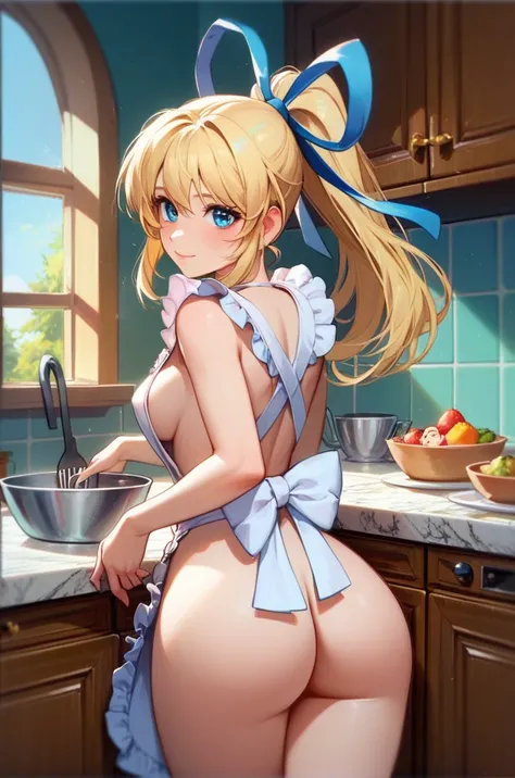 score_9, score_8_up, score_7_up, very aesthetic, source_anime, masterpiece, detailed, high quality, detailed, beautiful, masterpiece, 
medium breasts,  indoor, kitchen, naked apron, cowboy shot, from behind, looking back, blush, light smile, ass, close up,...