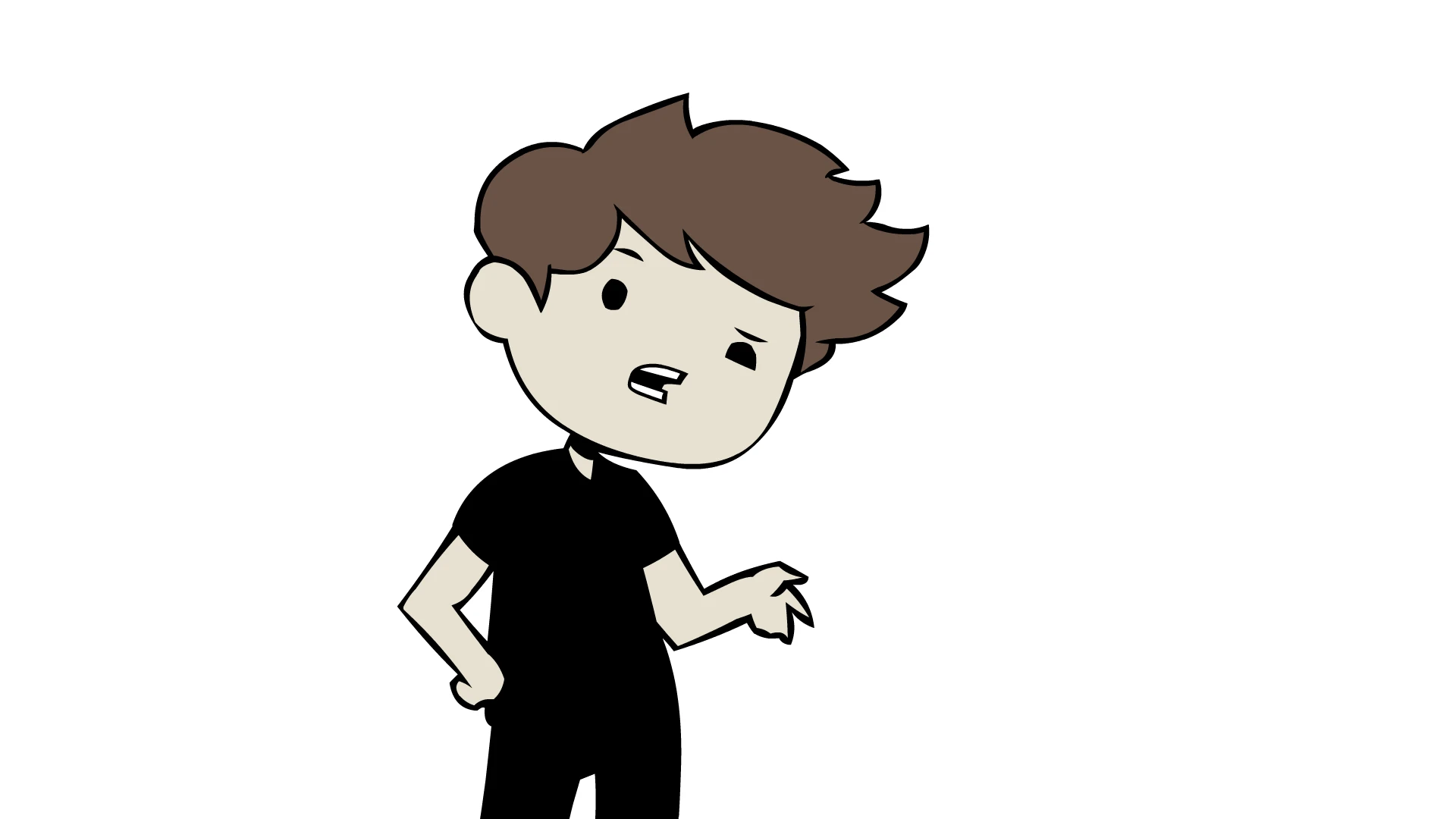 (masterpiece, best quality:1.2), extremely detailed, soft ambient lighting, sharp focus, 4K, Spiky brown hair, questioning expression, fair skin, side glance, open mouth, black t-shirt, hand on hip, other hand pointing, standing position, cartoon boy, simp...