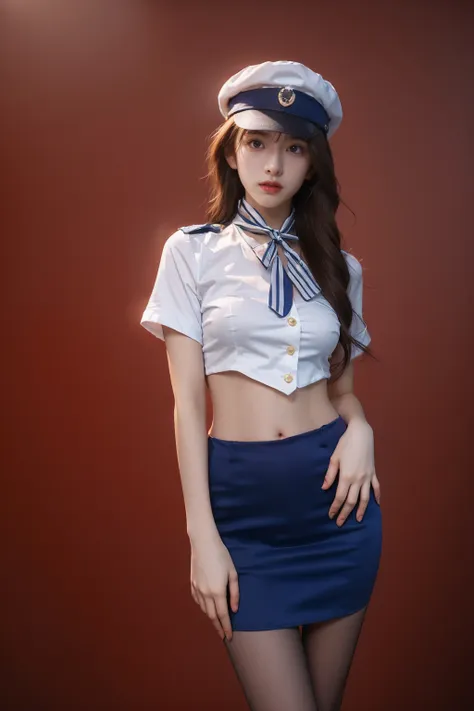 <lora:goodhands-æbeta2:1>,solo,1girl,cityscape,outdoors,cowboy shot,red background,ruanyi0434,blue skirt,uniform,<lora:0434 st...