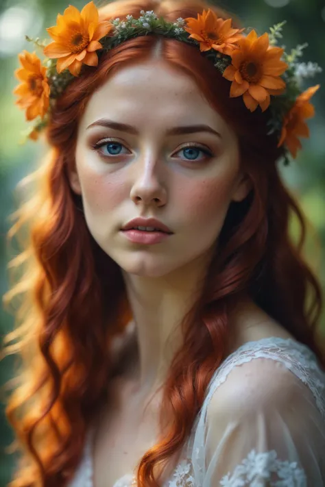 (best quality, 4k, 8k, highres, masterpiece:1.2), ultra-detailed, (realistic, photorealistic, photo-realistic:1.37),hyper realistic, 1girl,long hair,looking at viewer,realistic proportions,blue eyes,hair ornament,dress,very long hair,flower,red hair,parted...