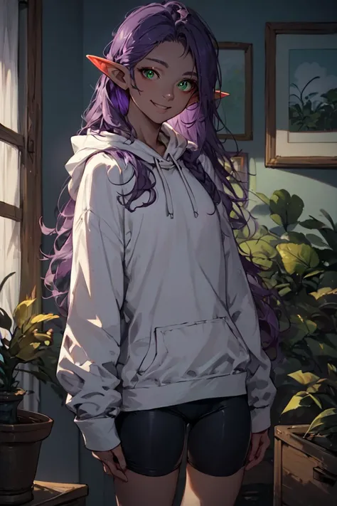 score_9, score_8_up, score_7_up, rating_safe, elf, pointy ears, purple hair, long hair, green eyes, white hoodie, bike shorts, smile, 1girl, solo, looking at viewer, cowboy shot, standing, indoors, living room <lora:MatureMaleMix v1.4 Dark Style LoRA_Pony ...