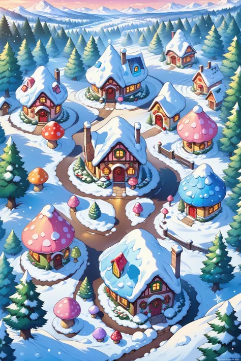 Mushroom houses, trees, roads, HD, masterpieces, best quality, snow, winter  <lora:lora:0.8>